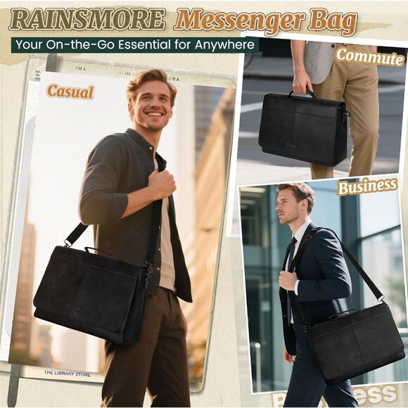 Men's Black Pu Vintage Laptop Bag 15.6 Inch Waterproof Retro Satchel Briefcase - Picture 5 of 7